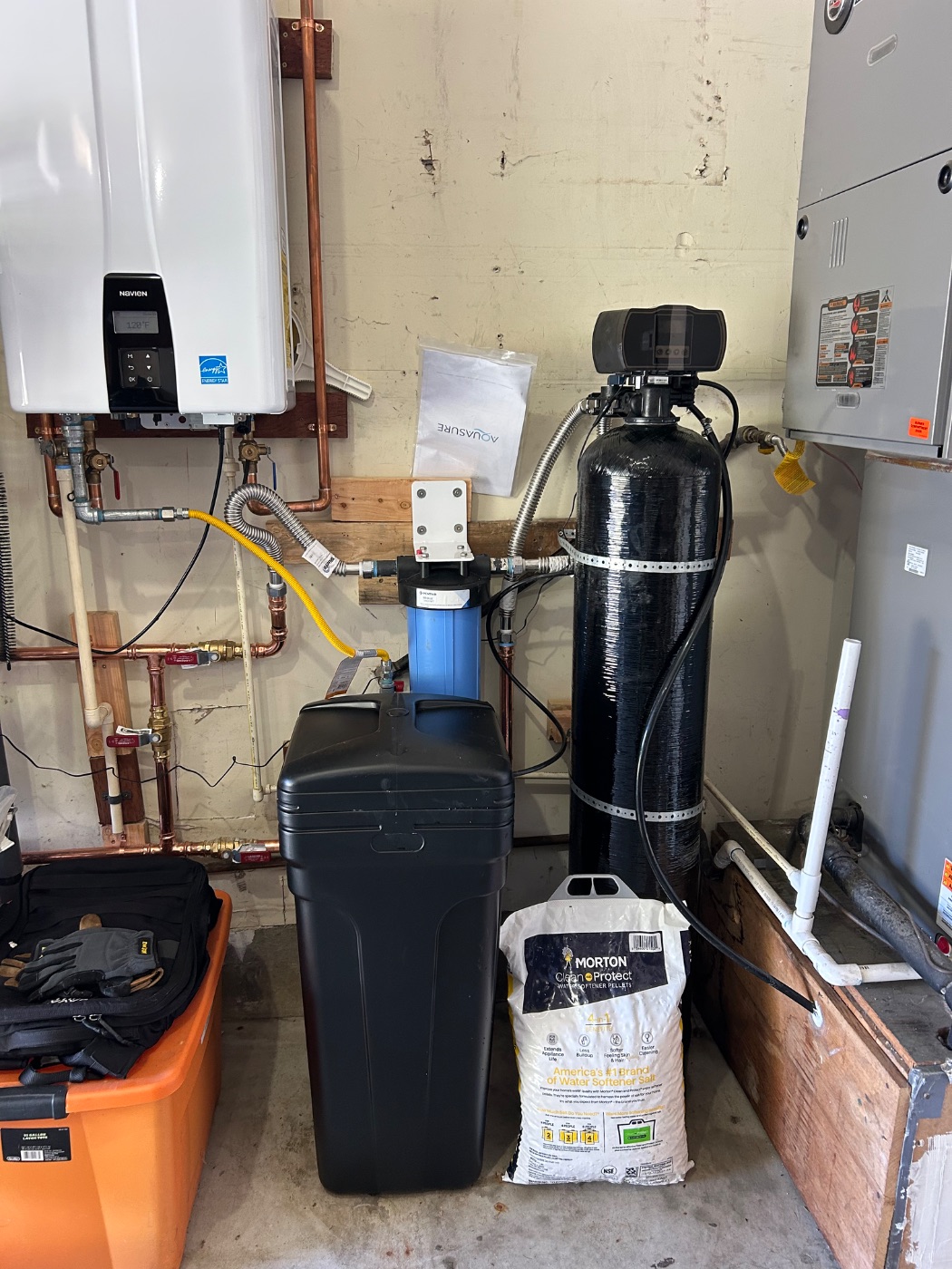 Whole-home water softener and sediment filter installed in a San Jose garage